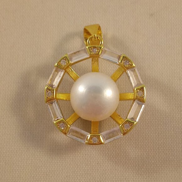 Jewelry - Gold 925 Silver Genuine White South Sea Pearl Diamond Zircon Necklace Pendant